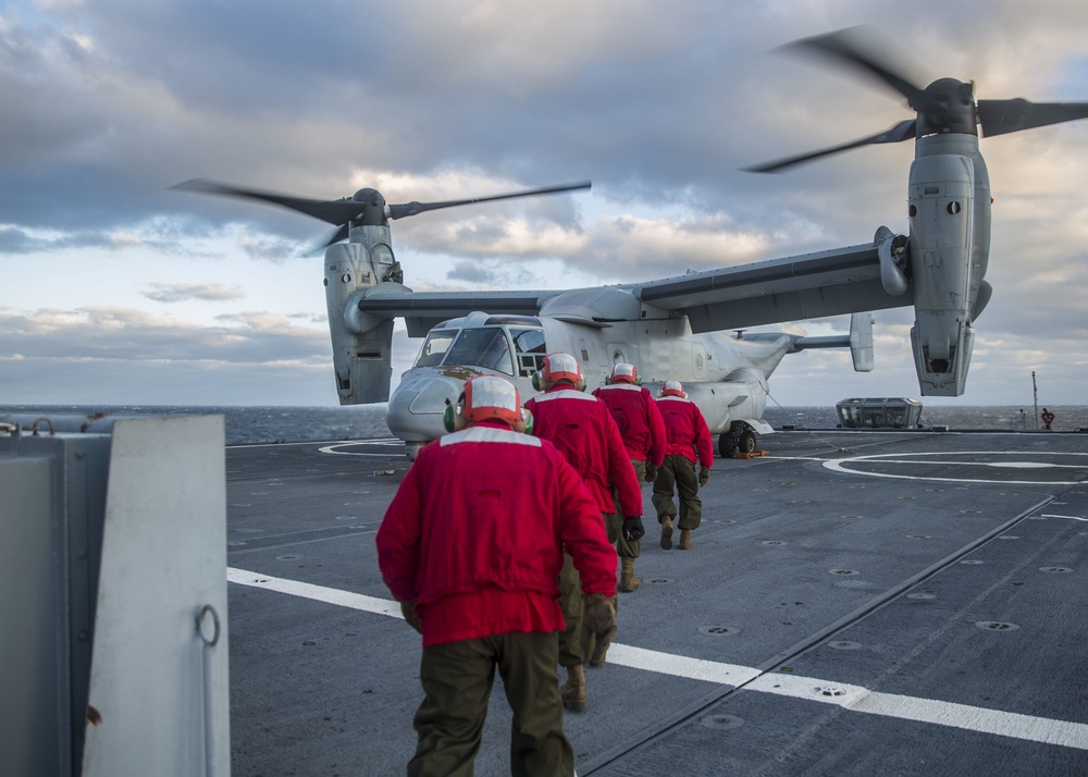 A U.S. Marine Corps MV-22 Osprey Lands On The S.S. Wright