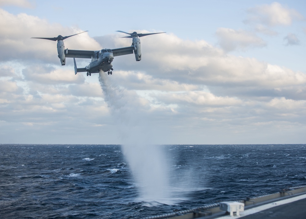 A U.S. Marine Corps MV-22 Osprey Lands On The S.S. Wright