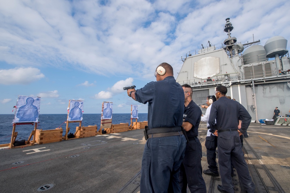 USS Princeton Sailors conduct small arms qualification couse