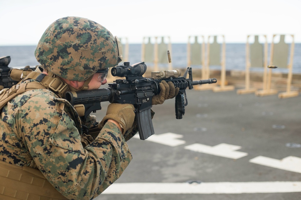 26th MEU conducts Combat Marksmanship training on flight deck of USS New York (LPD 21)