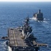 The amphibious transport dock ship USS New York (LPD 21), left, and the amphibious dock landing ship USS Oak Hill (LSD 51), right, receive fuel from the fleet replenishment oiler USNS Big Horn (T-AO 198) during a replenishment-at-sea