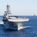 The amphibious transport dock ship USS New York (LPD 21), left, and the amphibious dock landing ship USS Oak Hill (LSD 51), right, receive fuel from the fleet replenishment oiler USNS Big Horn (T-AO 198) during a replenishment-at-sea