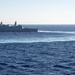 The amphibious transport dock ship USS New York (LPD 21), left, and the amphibious dock landing ship USS Oak Hill (LSD 51), right, receive fuel from the fleet replenishment oiler USNS Big Horn (T-AO 198) during a replenishment-at-sea