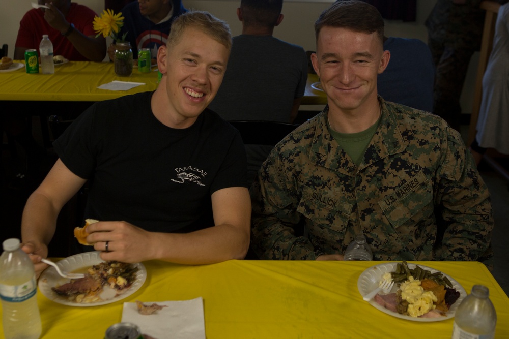 Headquarters and Support Battalion Leadership hosts Thanksgiving in the Barracks, MCIPAC-MCB Commanding General, Brig. Gen. Rock Jr. takes part