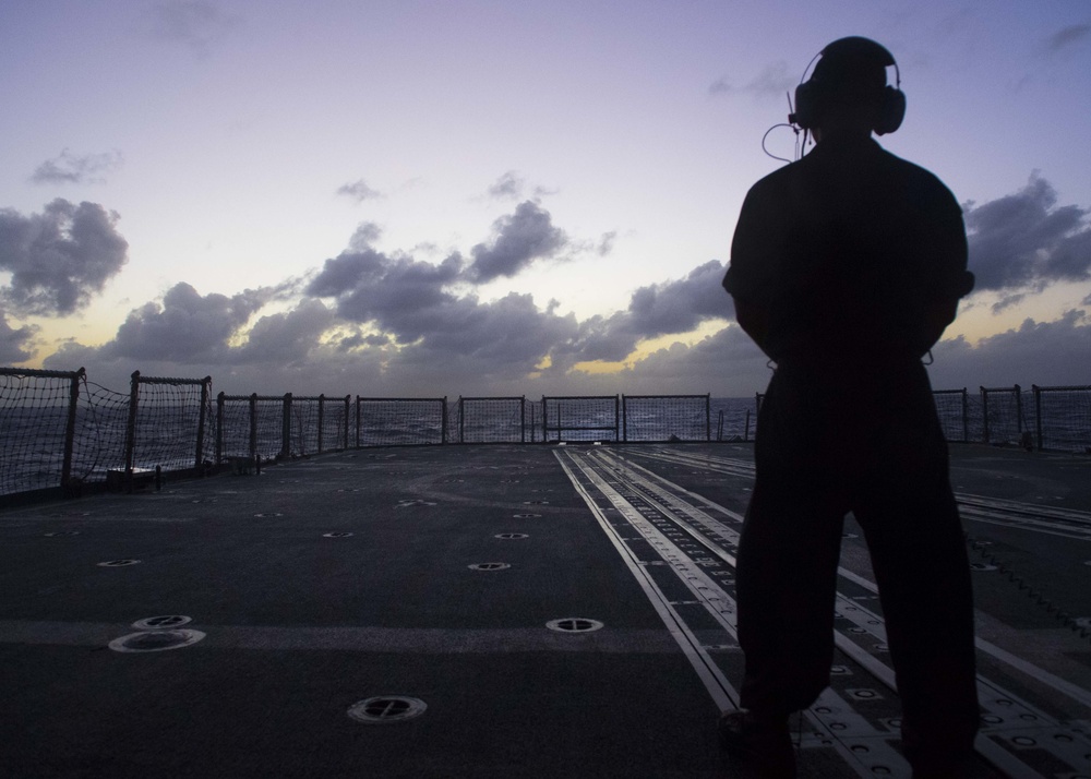 USS Lake Erie (CG 70) Seaman stands aft lookout watch