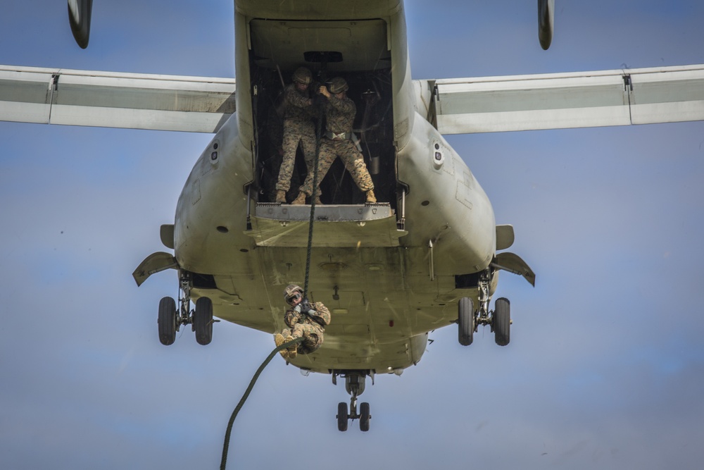 Marines fast rope with a MV-22B Osprey in Okinawa