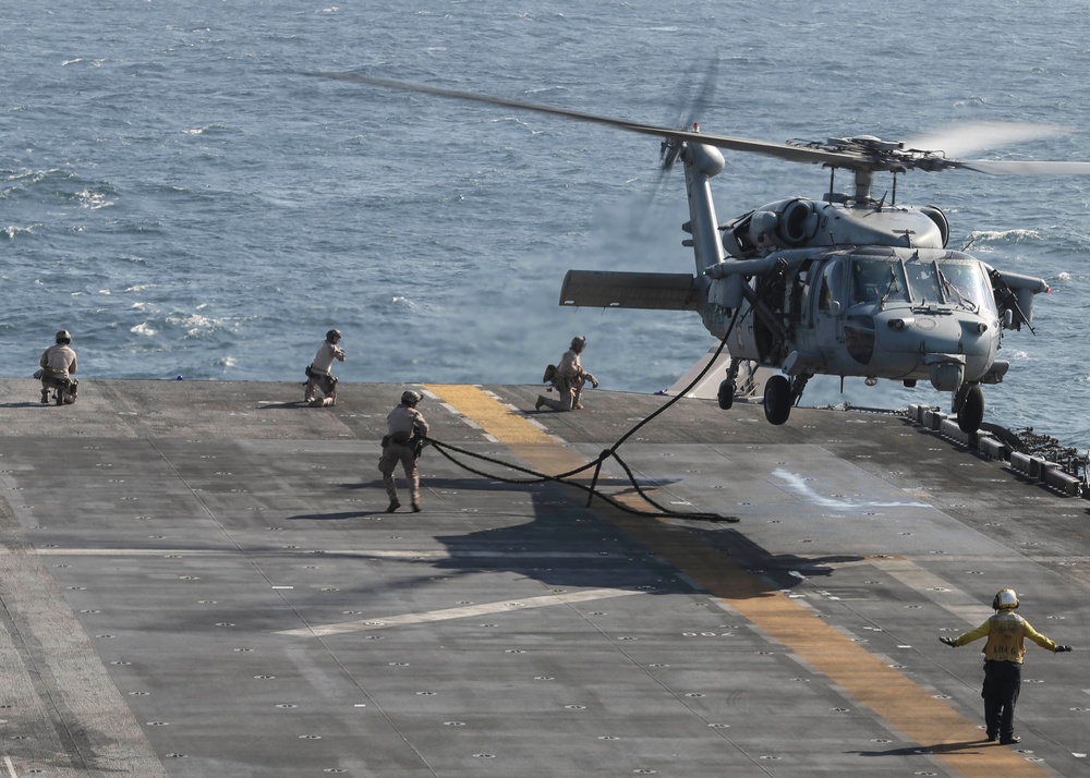 15th MEU's Maritime Raid Force conducts fast-rope drill aboard USS America (LHA 6)