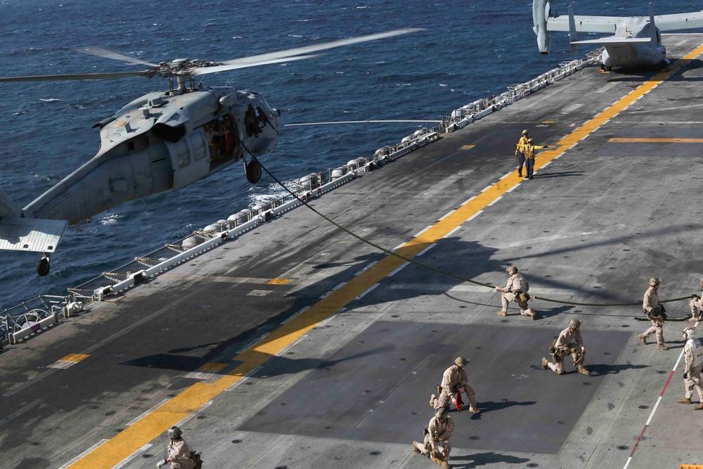 15th MEU's Maritime Raid Force conducts fast-rope drill aboard USS America (LHA 6)