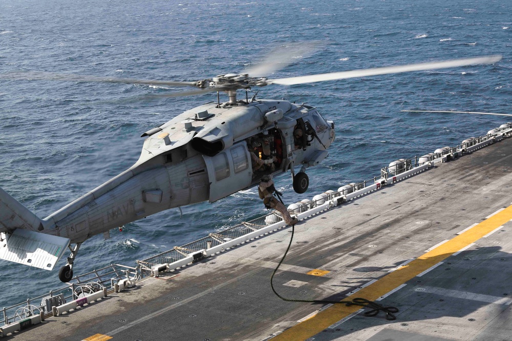 15th MEU's Maritime Raid Force conducts fast-rope drill aboard USS America (LHA 6)
