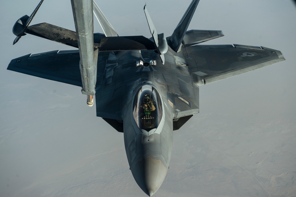 908th Expeditionary Air Refueling Squadron supports F-22 Raptors and Coalition Rafaels conducting airstrikes in Iraq and Syria