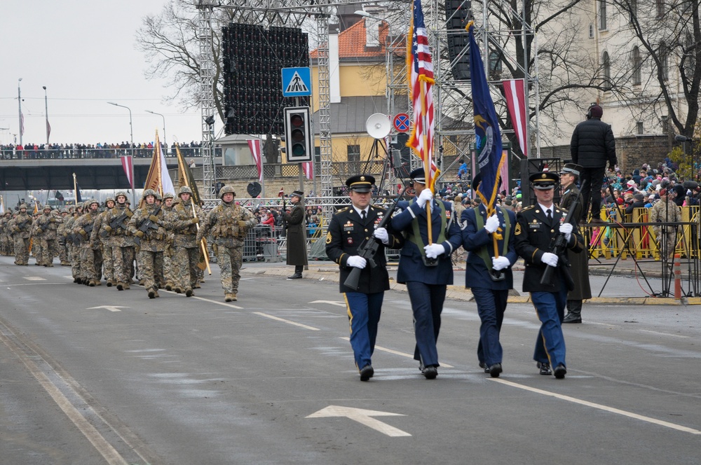 Michigan Honor Guard members participate in Latvia's 99th Independence Day parade