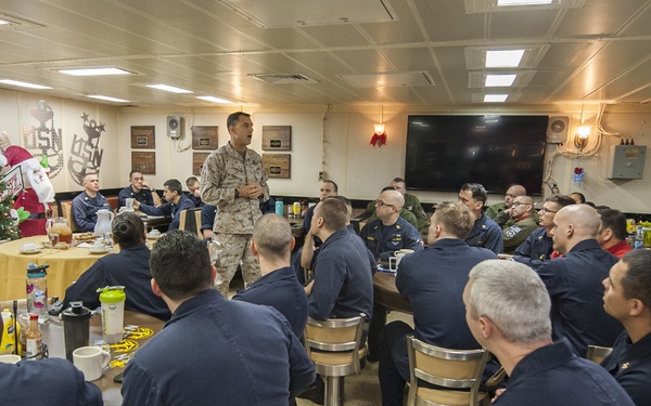 Task Force 51/5 Commander speaks with USS America chief petty officers