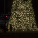 A nighttime outdoor scene featuring a large Christmas tree densely covered in warm white lights. Two figures, appearing to be an adult and a small child, are crouched near the base of the tree. The background shows a dark urban or suburban setting with a fence, parked vehicles, and distant lights.