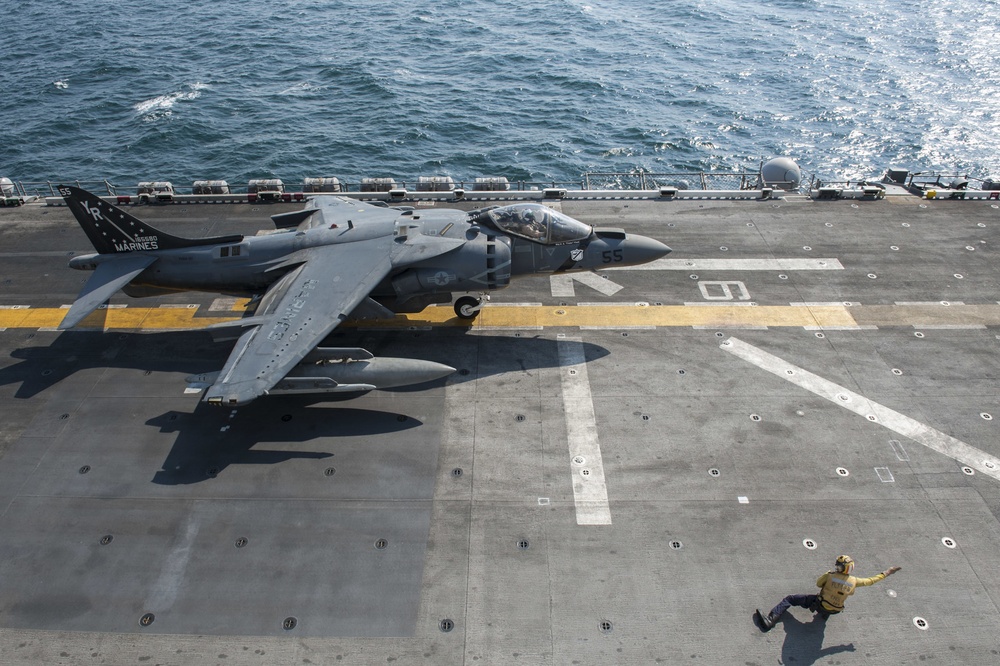 USS America aircraft lifts of from flight deck