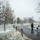 First Snow of the Season at Arlington National Cemetery Three visitors — an adult, a teenager or young adult, and a small child — walk along a paved road through a snow-dusted military cemetery during a light snowfall. Rows of uniform white headstones are visible on both sides of the curving path, flanked by bare deciduous trees and wooden post-and-chain barriers. The overcast, foggy winter conditions give the scene a somber, muted atmosphere.
