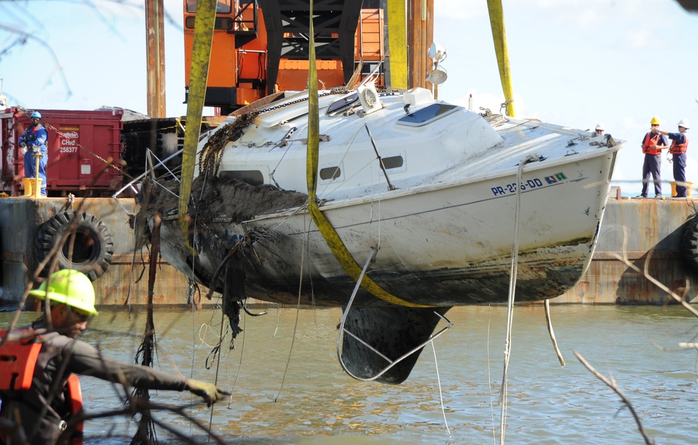 Crane Barge Removes Wrecked Sailboat in Las Croabas, Puerto Rico