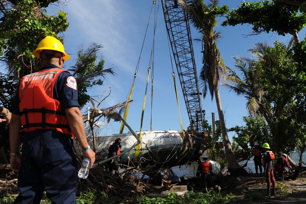 Hurricane Maria Salvage Crews Remove Wrecked Boat in Las Croabas, Puerto Rico