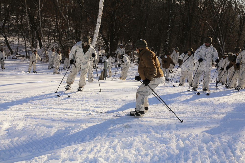 Cold-Weather Operations Course 18-01 students conduct skiing training at Fort McCoy