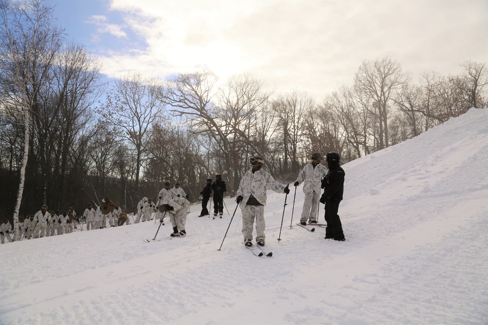 Cold-Weather Operations Course 18-01 students conduct skiing training at Fort McCoy