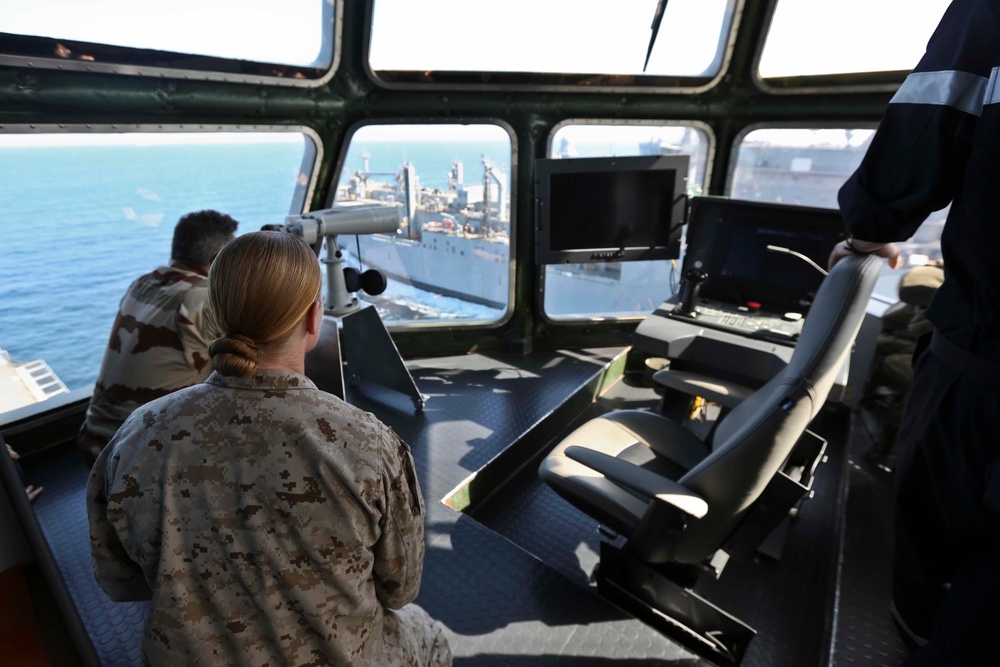 USNS Washington Chambers conducts replenishment at sea with French Frigate Chevalier Paul and LHD Tonnerre