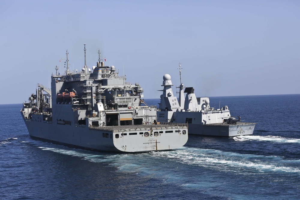 USNS Washington Chambers conducts replenishment at sea with French Frigate Chevalier Paul and LHD Tonnerre