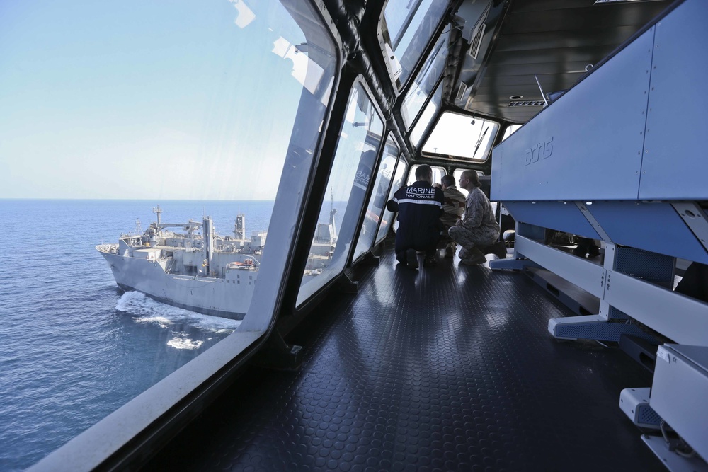 USNS Washington Chambers conducts replenishment at sea with French Frigate Chevalier Paul and LHD Tonnerre