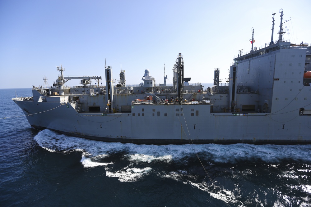 USNS Washington Chambers conducts replenishment at sea with French Frigate Chevalier Paul and LHD Tonnerre