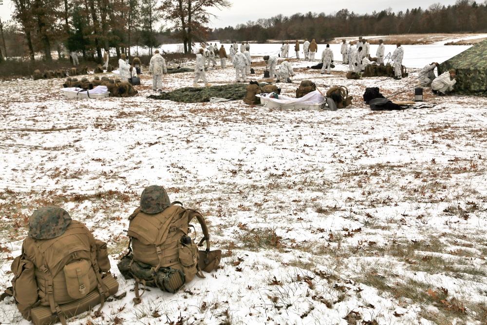 Cold-Weather Operations Course 18-01 students, all Marines, practice tentbuilding at Fort McCoy