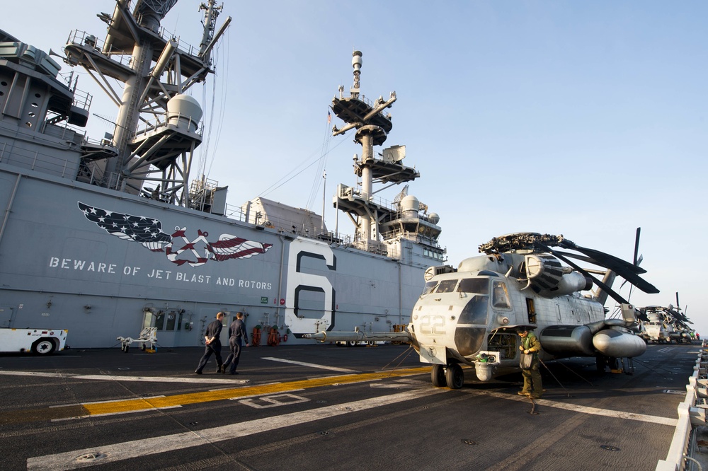 CH53E Super Stallion stands ready on the flight deck of the USS America (LHA 6)