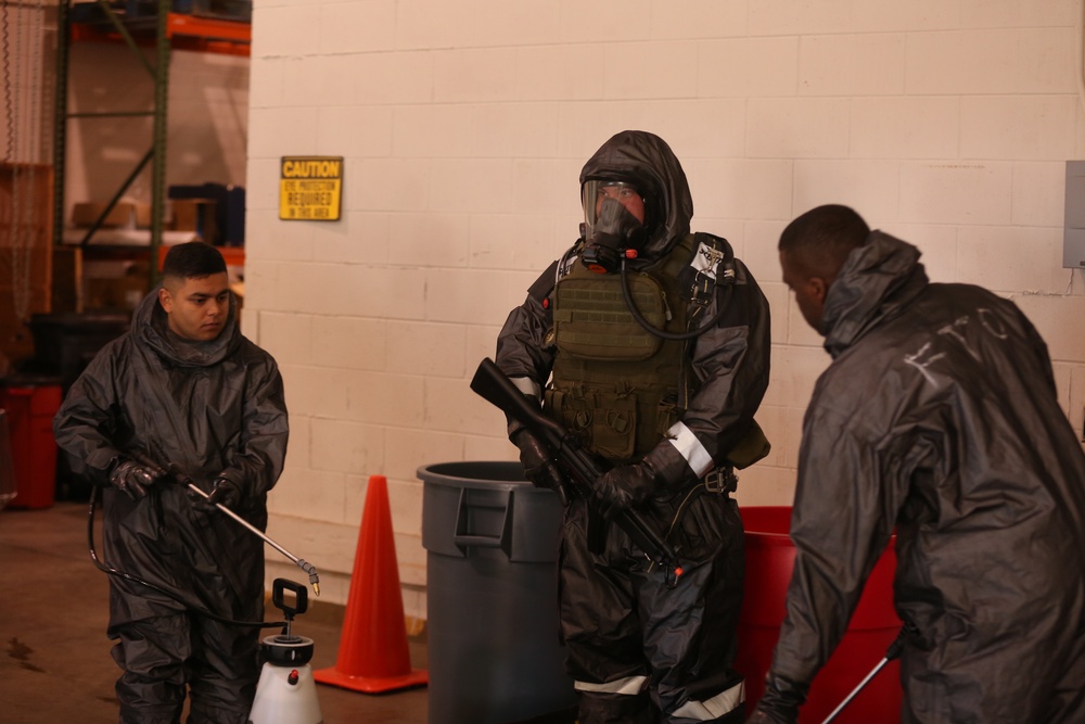 Decontamination Platoon and Identification and Detection Platoon with CBIRF refine their skills during Advanced Decontamination/Identification and Detection Training