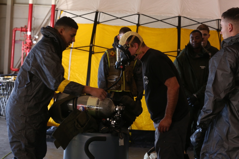 Decontamination Platoon and Identification and Detection Platoon with CBIRF refine their skills during Advanced Decontamination/Identification and Detection Training