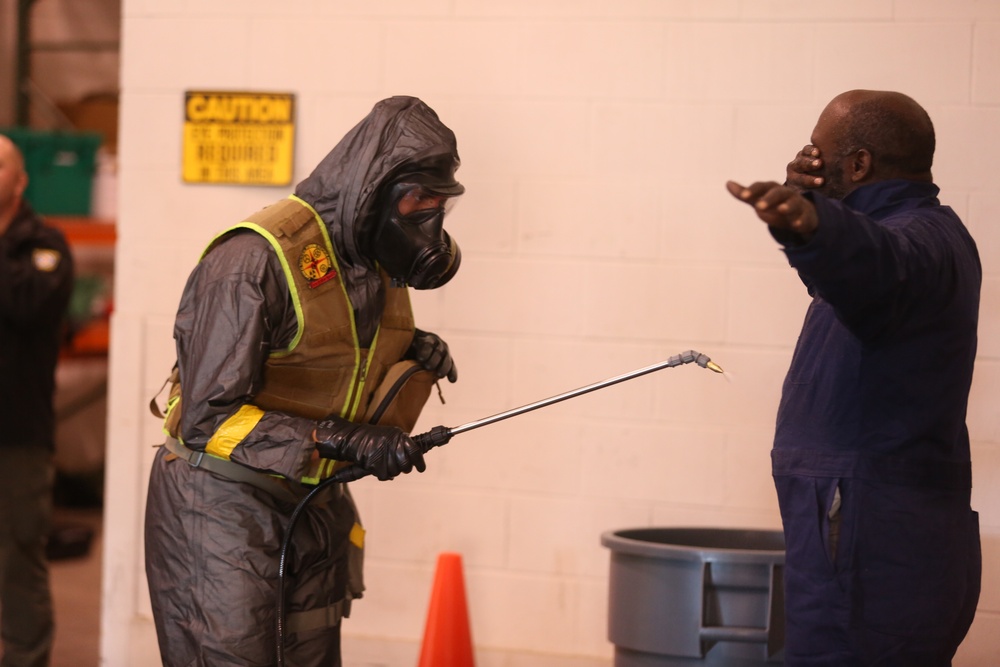 Decontamination Platoon and Identification and Detection Platoon with CBIRF refine their skills during Advanced Decontamination/Identification and Detection Training