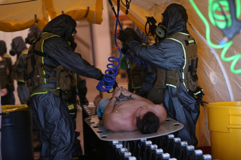 Decontamination Platoon and Identification and Detection Platoon with CBIRF refine their skills during Advanced Decontamination/Identification and Detection Training