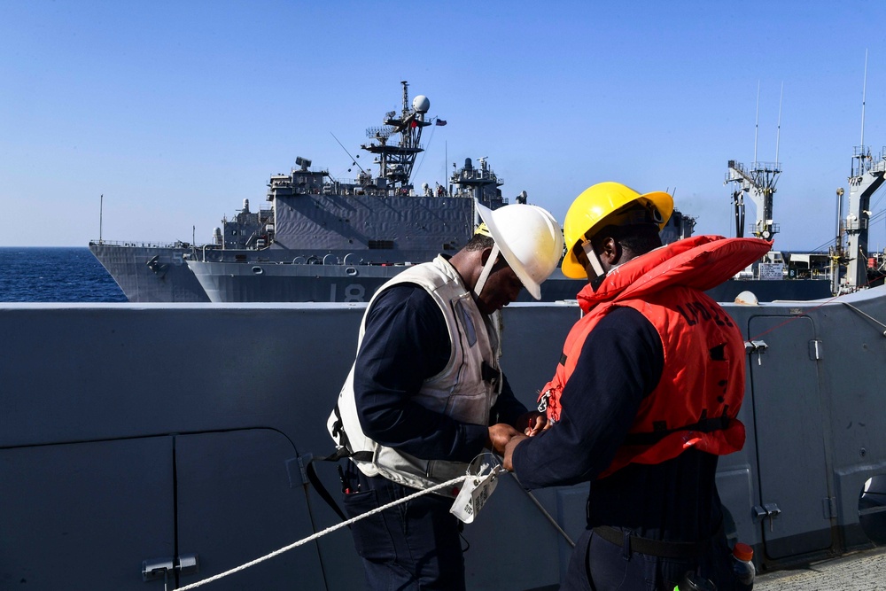 USS San Diego (LPD 22) Sailors Prepare Phone and Distance Line
