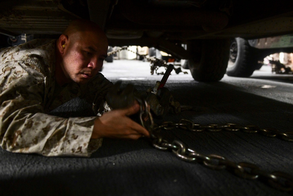 USS San Diego (LPD 22) Embarked Marine Chains Down Vehicle