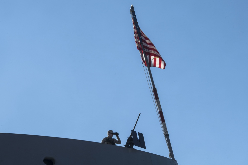 USS San Diego (LPD 22) Embarked Marine Stands Watch Inport