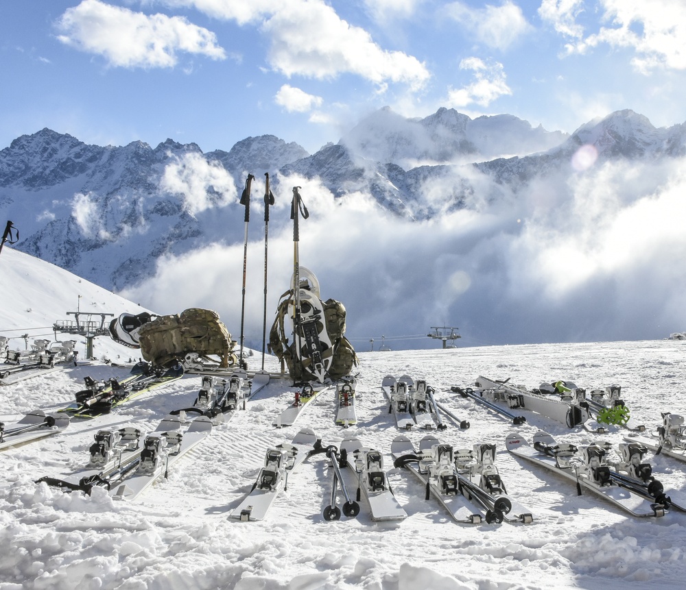 Alpine skis and snowshoes ready for winter patrol