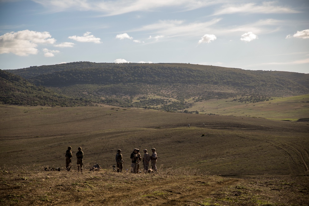 U.S. Marines call in artillery support with foreign military