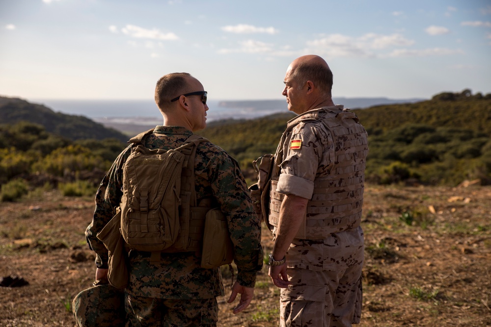 U.S. Marines call in artillery support with foreign military