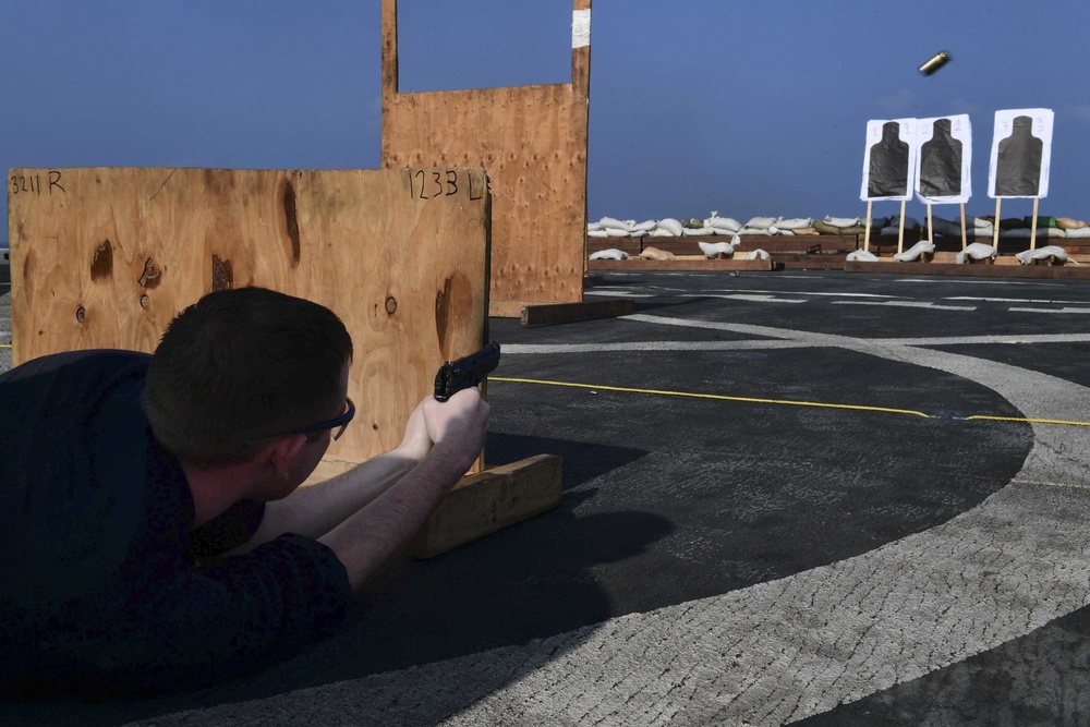 USS San Diego (LPD 22) Sailors Participates in Pistol Course