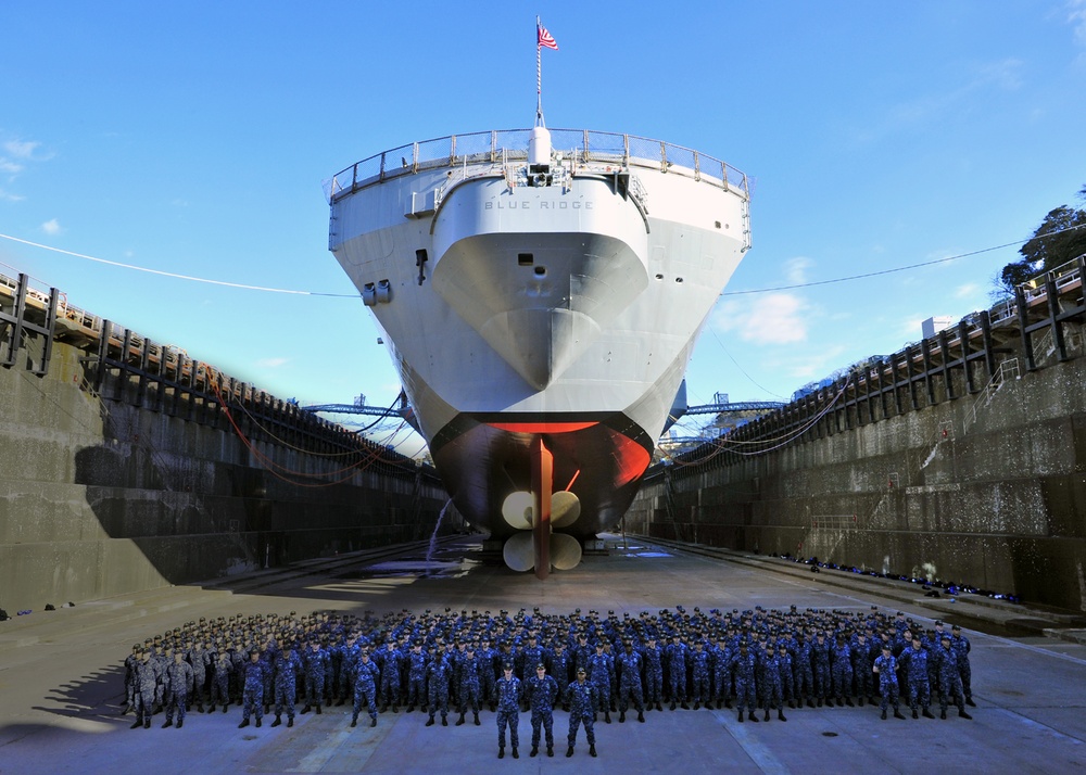 Blue Ridge Sailors pose in dry dock.