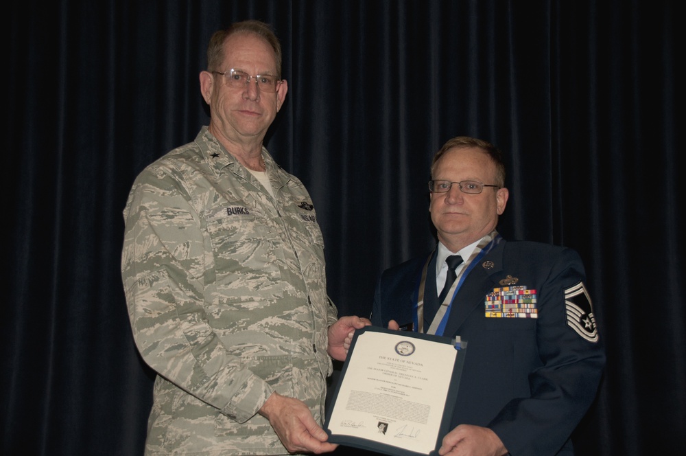 Senior Master Sgt. Rick Simpson receives the Drennan A. Clark Order of Nevada medal