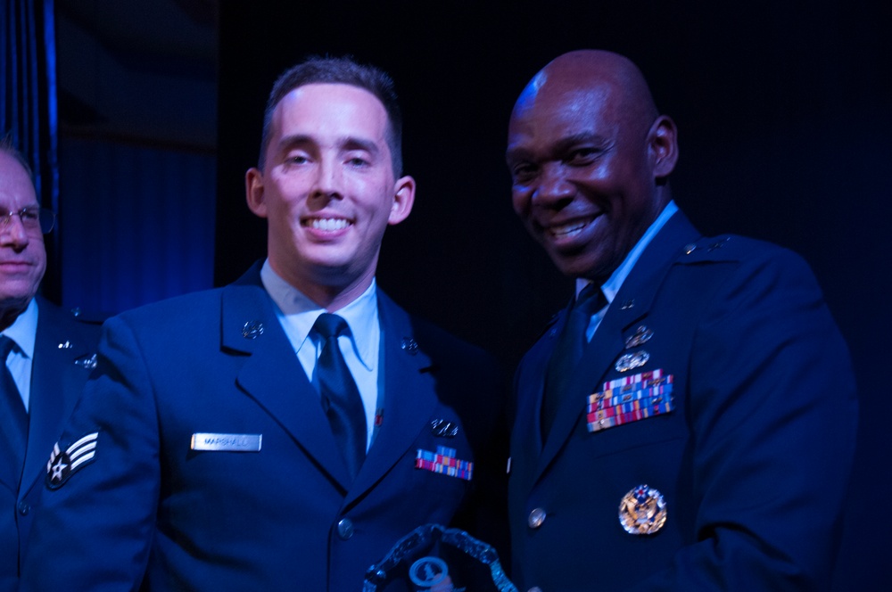 2017 Airman of the Year, Senior Airman Andrew Marshall of the 152nd Maintenance Squadron accepts his award