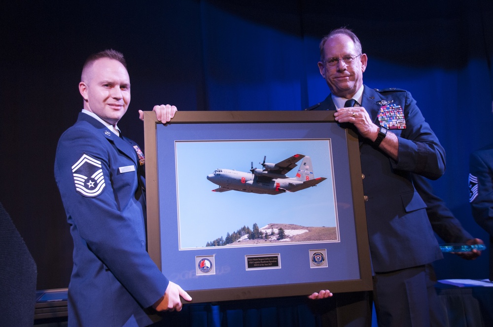 The Nevada Air National Guard's 2017 Senior Noncommissioned Officer of the Year, Senior Master Sgt. Jeffrey Linton accepts his award