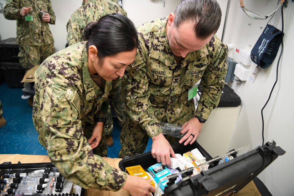 U.S. Navy and U.K. Royal Navy Sailors perform training on a Neil Robertson stretcher aboard Royal Fleet Auxiliary ship Cardigan Bay during exercise Azraq Serpent 18.