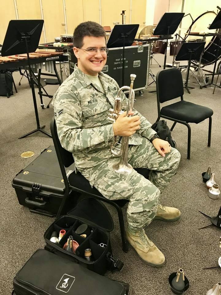 Airman 1st Class Alan Matteri Prepares for Concert Band Rehearsal with the Band of the Golden West