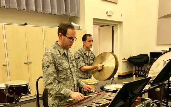 U.S. Air Force Band of the Golden West Percussionists Prepare for Concert Band Rehearsal