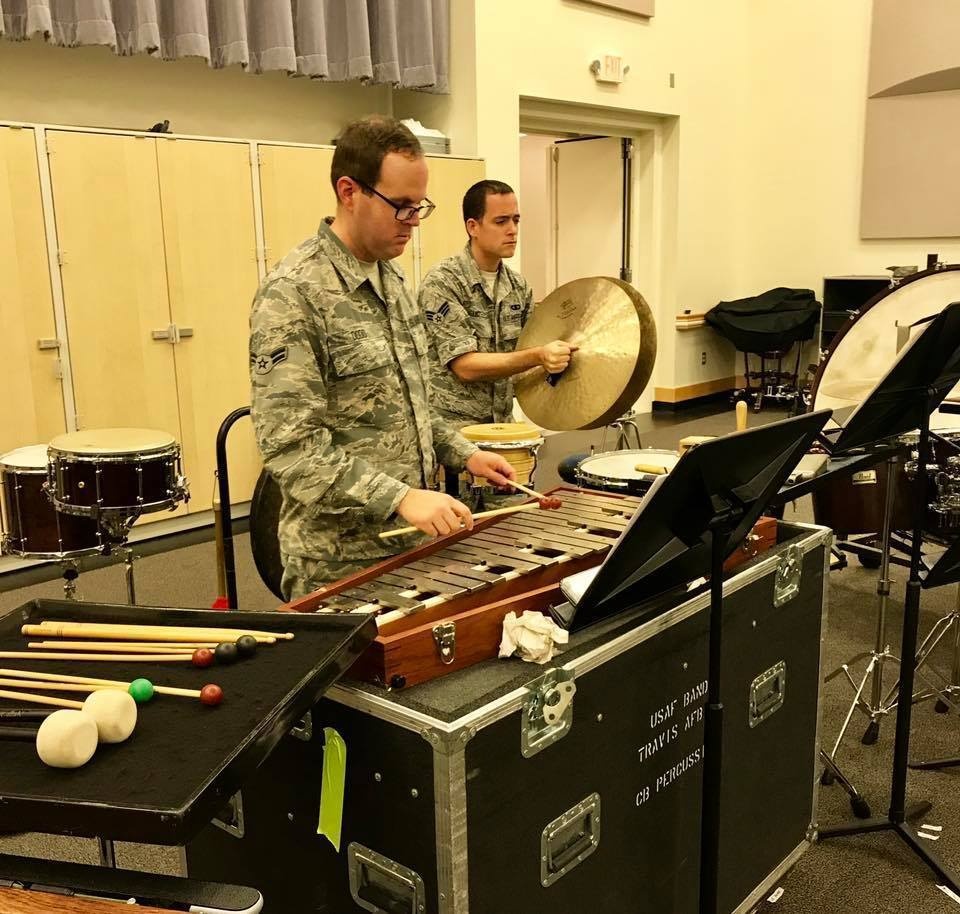 U.S. Air Force Band of the Golden West Percussionists Prepare for Concert Band Rehearsal