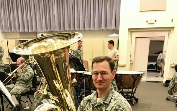 Senior Airman Lee Jarzembak Prepares for Concert Band Rehearsal with the Band of the Golden West