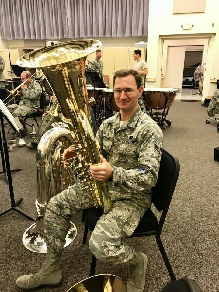 Senior Airman Lee Jarzembak Prepares for Concert Band Rehearsal with the Band of the Golden West